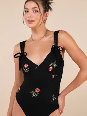 Lulu's Black Floral Trim Slip Dress